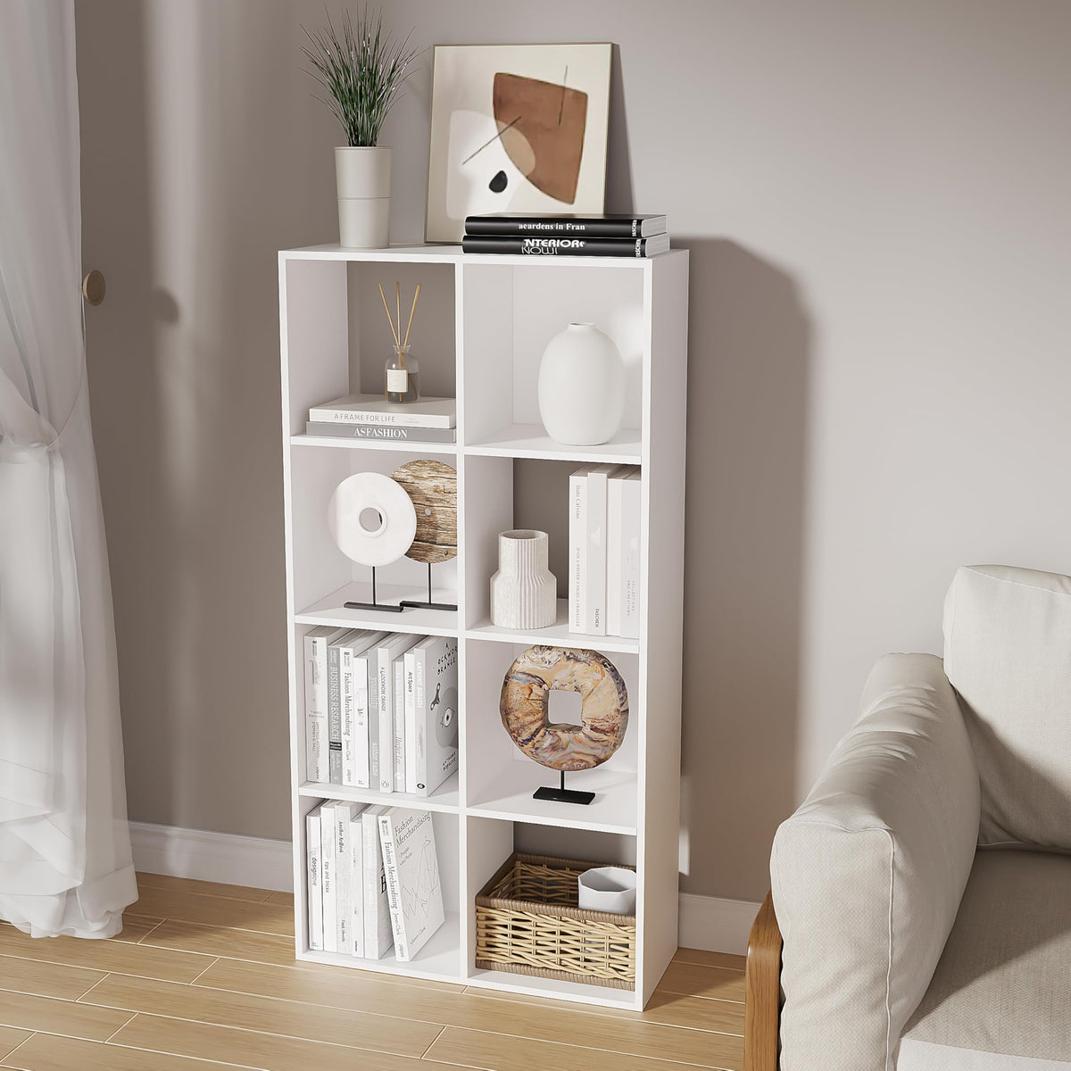 NewBeth 8-Cube Bookshelf, Tall Open Back Storage Shelves, Heavy Duty Wood Cubby Organizer for Small Spaces, Dorm Room Apartment Office, Unit for Book Toy Record Player Display (White, 8-Cube)