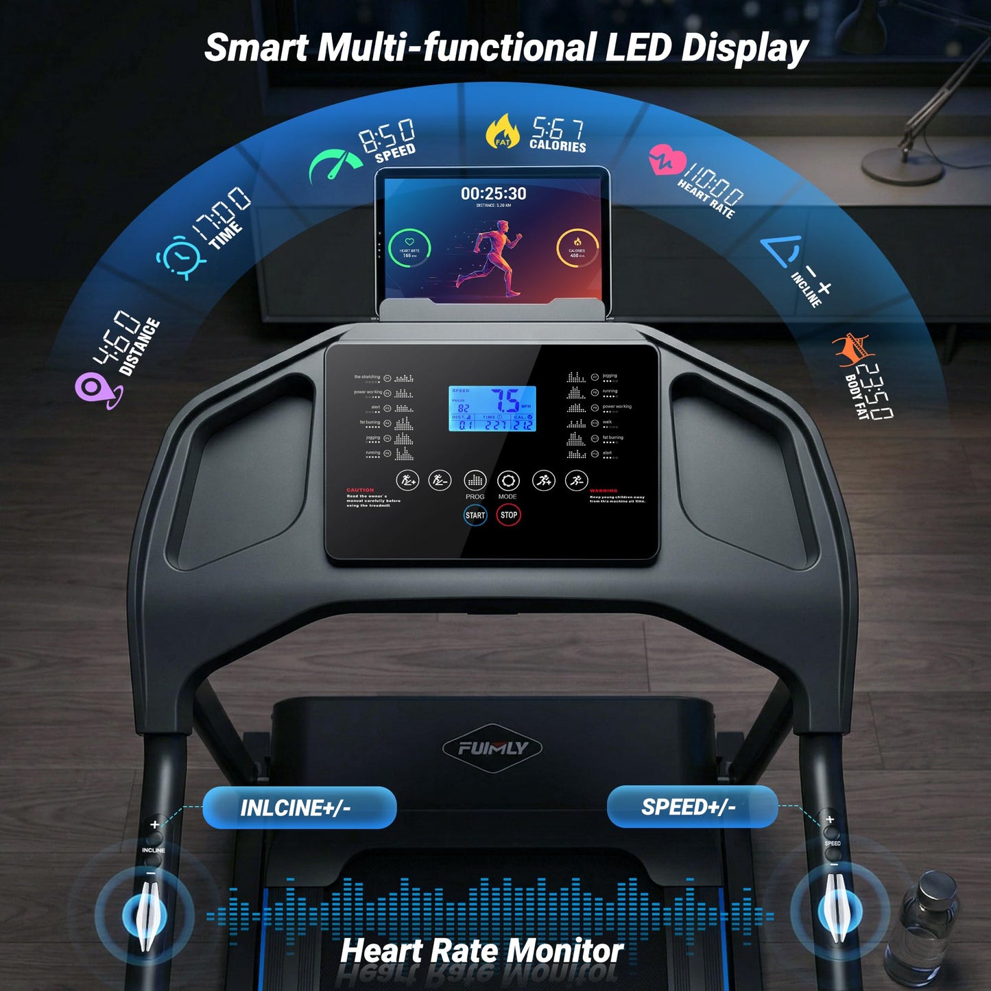 Treadmill with 20% Auto Incline, FUNMILY 4.5HP Heavy Duty Treadmill for Home, 400 lb Weight Capacity Folding Running Machine, Smart Data Monitoring/Shock Absorption/Large LED Display