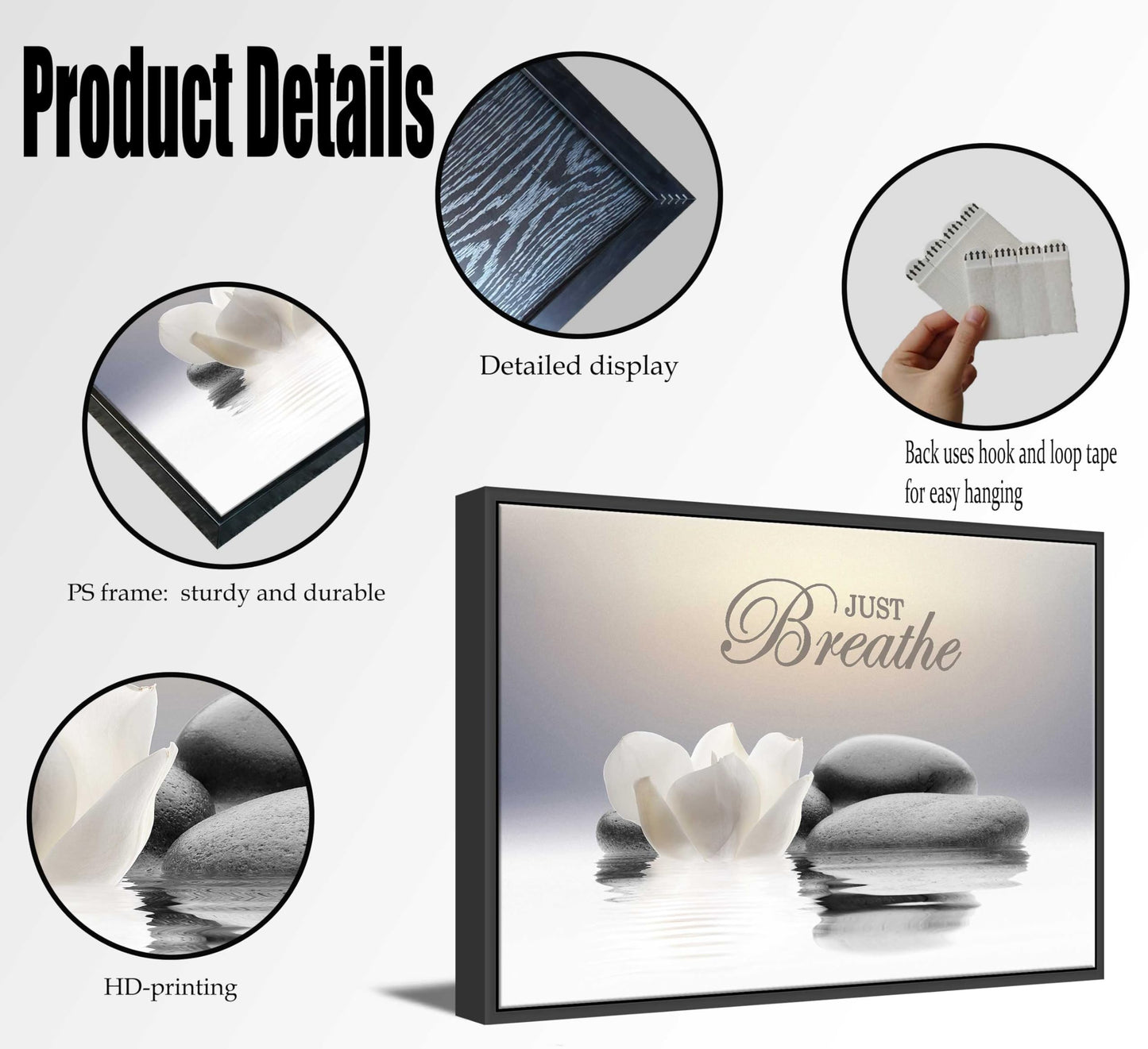 Framed Zen Stone Flower Wall Art White Lotus Just Breathe Yoga Quotes Picture Wall Decor Water Lily Stone Poster Print Artwork for Bathroom Yoga Room Spa Room Meditation Room Office Home Decoration