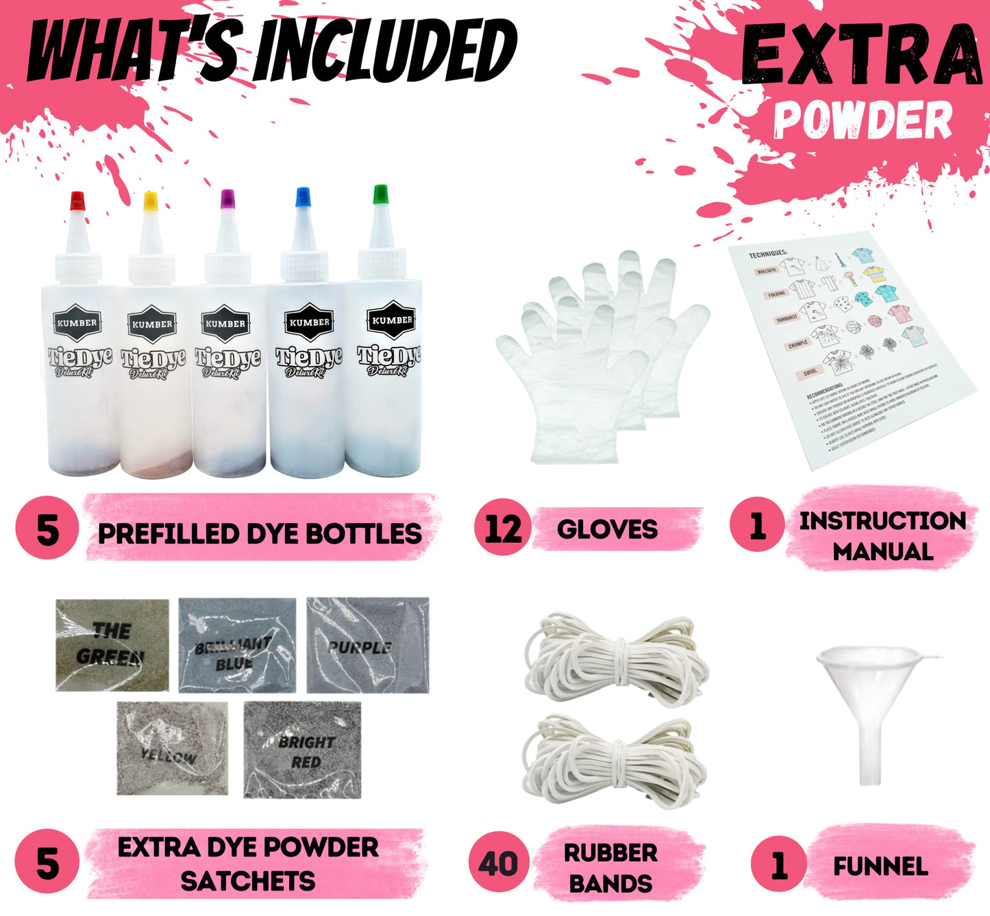 KUMBER Tie Dye Kit Kids - 5 Colours with Extra Dye Powder, Rubber Bands, Gloves and Funnel - Art and Craft Set for Dyeing Clothes, Creative Games & Activities - Suitable for Kids and Adults