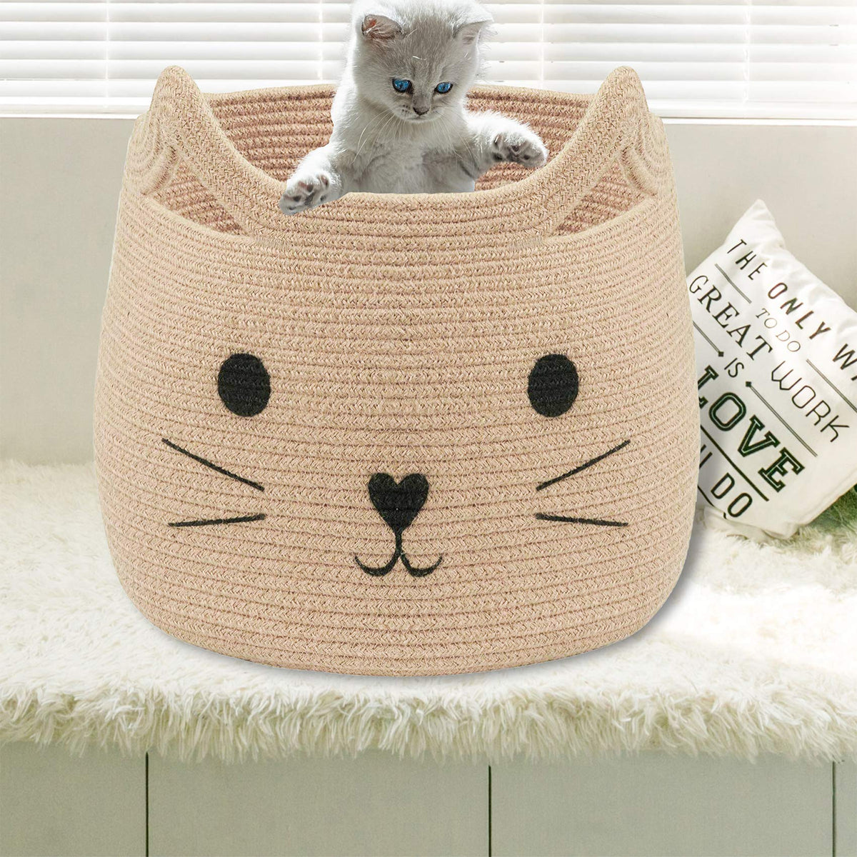 VK VK·LIVING Animal Baskets Large Woven Cotton Rope Storage with Cute Cat Design Laundry Organizer for Towels, Blanket, Toys, Clothes, Gifts – Cat Toy Box Pet or Baby Gift Baskets 15"Lx14H"
