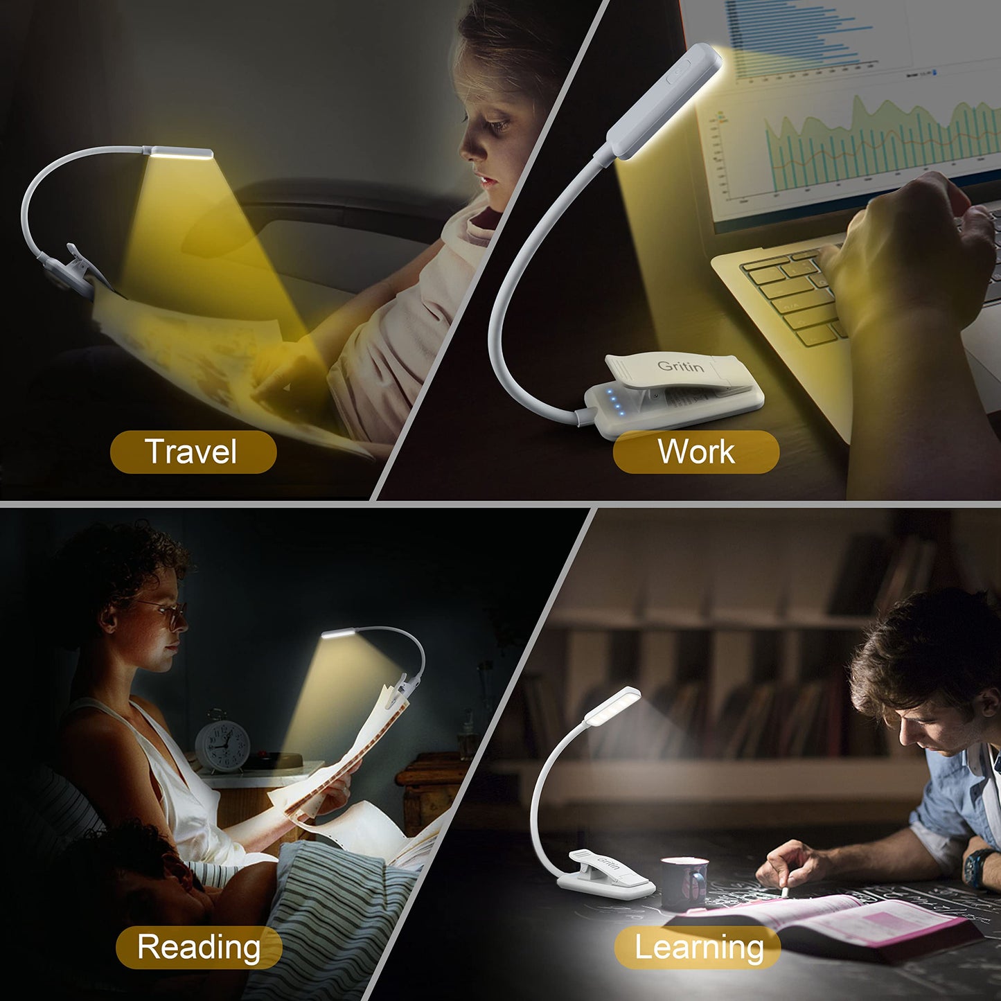 Gritin 9 LED Rechargeable Book Light for Reading in Bed - Eye Caring 3 Color Temperatures,Stepless Dimming Brightness,80 Hrs Runtime Small Lightweight Clip On Book Reading Light for Studying