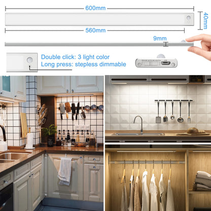 SOAIY LED Dimmable Under-Unit Light 60 cm Kitchen Lamp 3000 mAh Rechargeable Cabinet Lighting with Motion Sensor 3 Light Heat 2700 K,6500 K Magnetic Light Strip for Kitchen Cupboard Wardrobe Bathroom