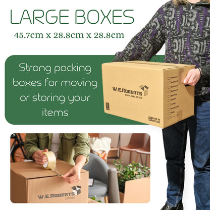 10 Strong Large Cardboard Storage Packing Moving House Boxes with Carry Handles and Room List – Ideal for Storage, Moving, and Packing 18" x 11" x 11" internal. Made in the UK