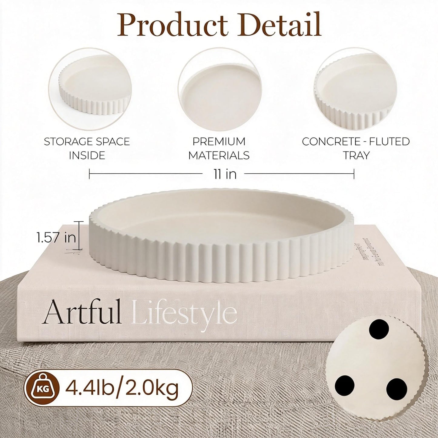Zyphlux Round Decorative Trays & Coffee Table Tray, 11 Inch Fluted Coffee Table Centerpiece Decor, No Slip Modern Circle Concrete Organizer for Living Room, Console, Kitchen Island, Dresser