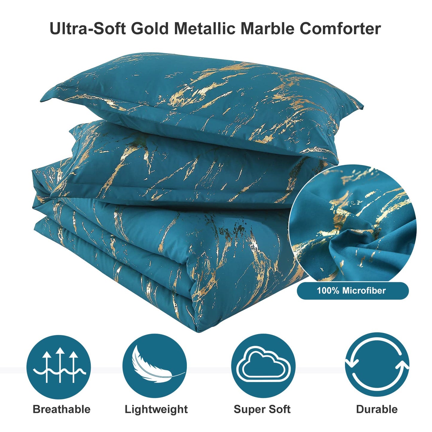 WONGS BEDDING Teal Gold Metallic Marble Comforter Set Queen Foil Print Glitter Bedding Sets with 2 Pillowcases for All Seasons, Soft Microfiber Filling Bedding Duvet Set 90"x90"