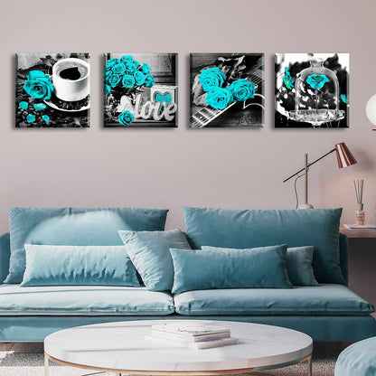 Teal Rose Wall Art Bedroom Decor Canvas Print Turquoise Flowers Pictures for Living Room Kitchen Accessories Artwork Framed 12" W x 12" H 4 Pieces