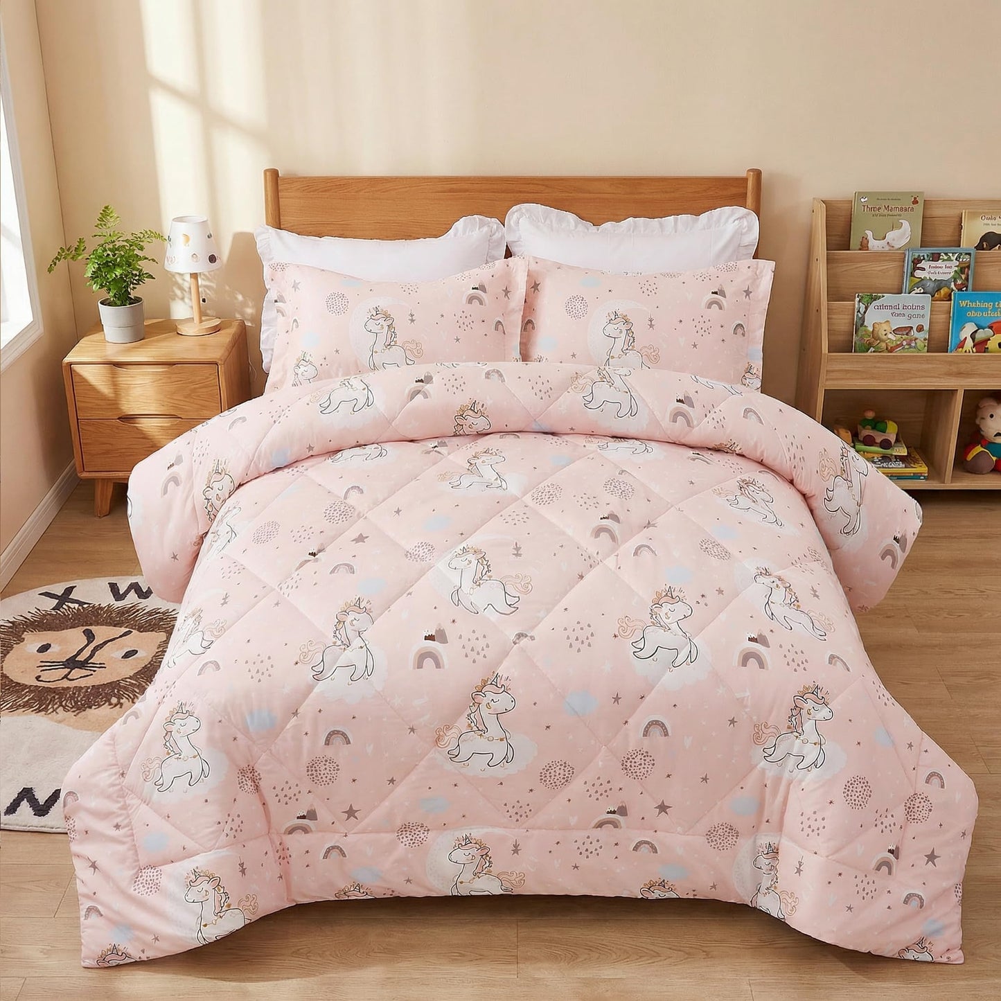 JSD Pink Unicorn Kids Comforter Set Full Size, 3 Piece Girls Rainbow Microfiber Comforter with Pillow Shams, Lightweight All Season Washable