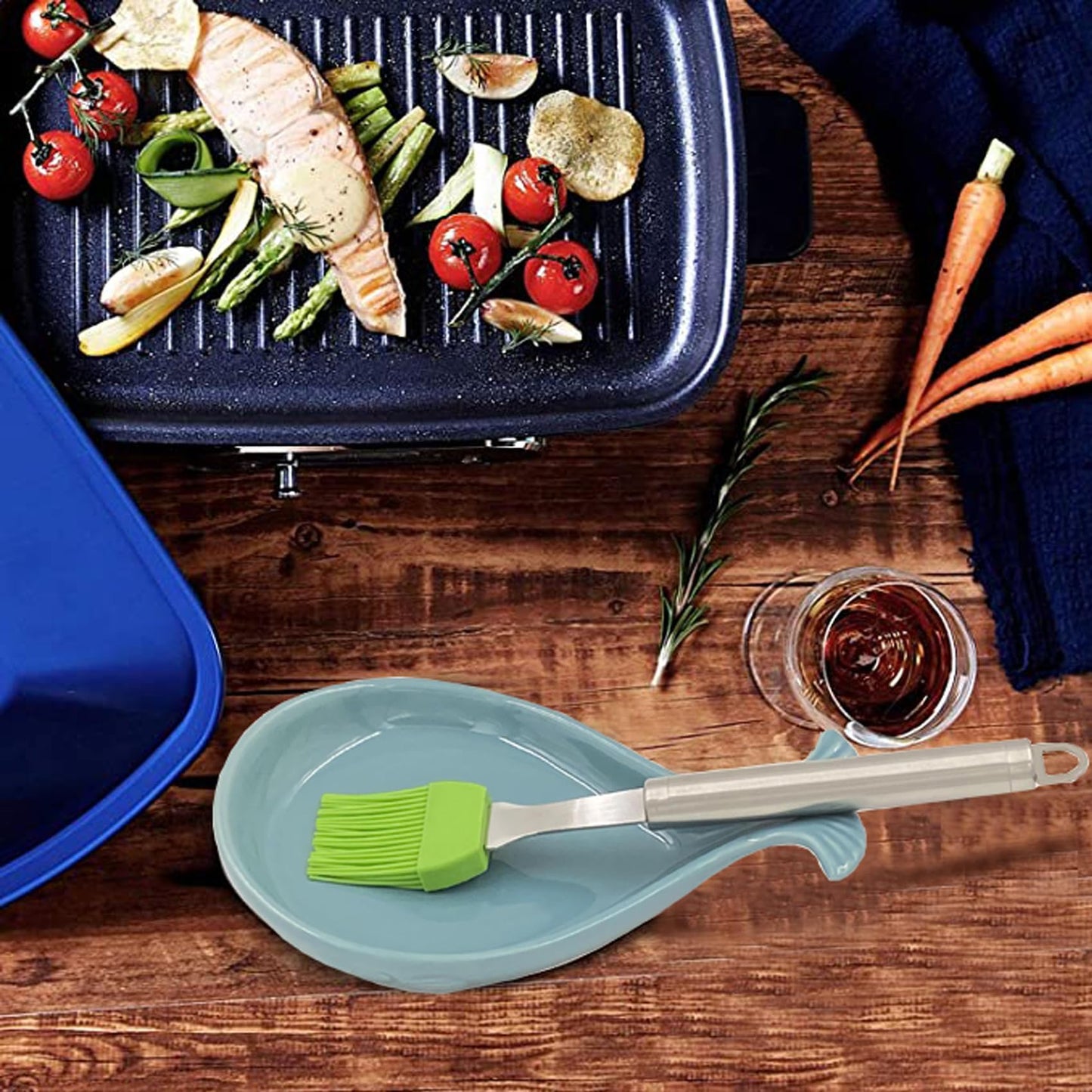WSKC Ceramic Spoon Rest for Kitchen with Wooden Spoon, Whale Shape, 4.8W X 7.8L