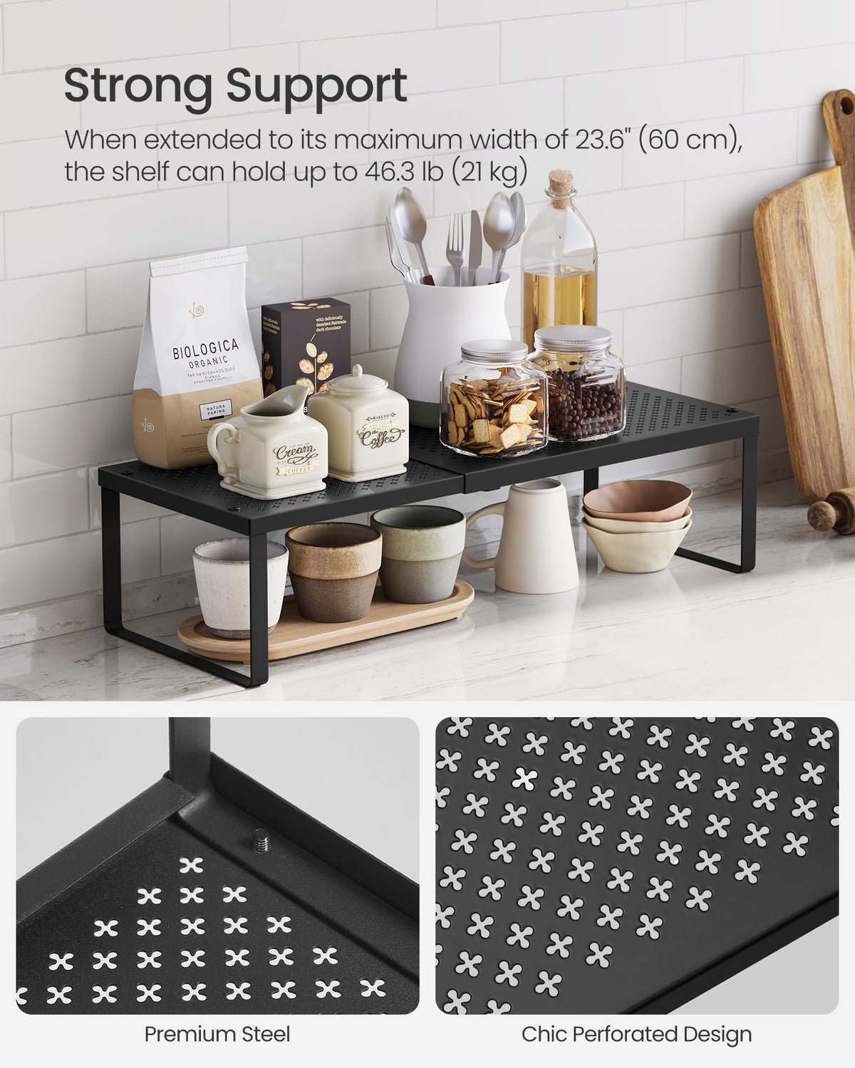 SONGMICS Spice Racks, Set of 2 Expandable Kitchen Countertop Shelves, Small Cupboard Organizers, Metal, Space-Saving Tabletop Shelves, Matte Black UKCS402B01