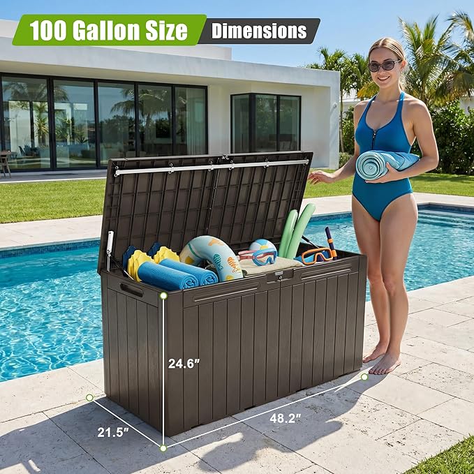 Flamaker Resin Deck Box 100 Gallon Large Lockable Outdoor Storage Box Waterproof for Patio Cushions, Tools, Pool Accessories (Deep Brown)