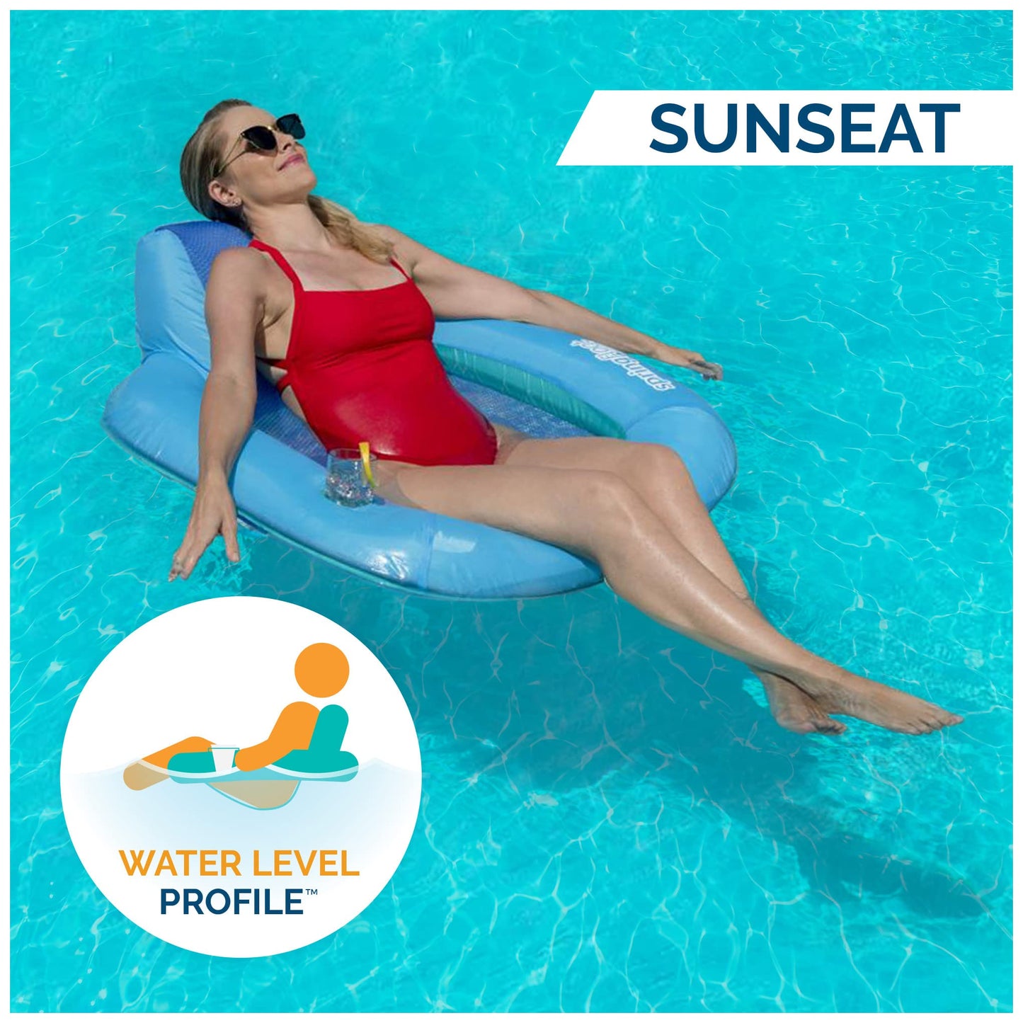 SwimWays Spring Float SunSeat Pool Lounge Chair, Inflatable Pool Floats Adult with Fast Inflation & Back Rest for Ages 15 & Up, Blue