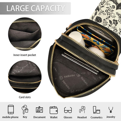 NCRJCZQL Goth Bat Flowers Crossbody Sling Bag for Women Leather Shoulder Chest Bag Small Fanny Pack for Hiking Travel