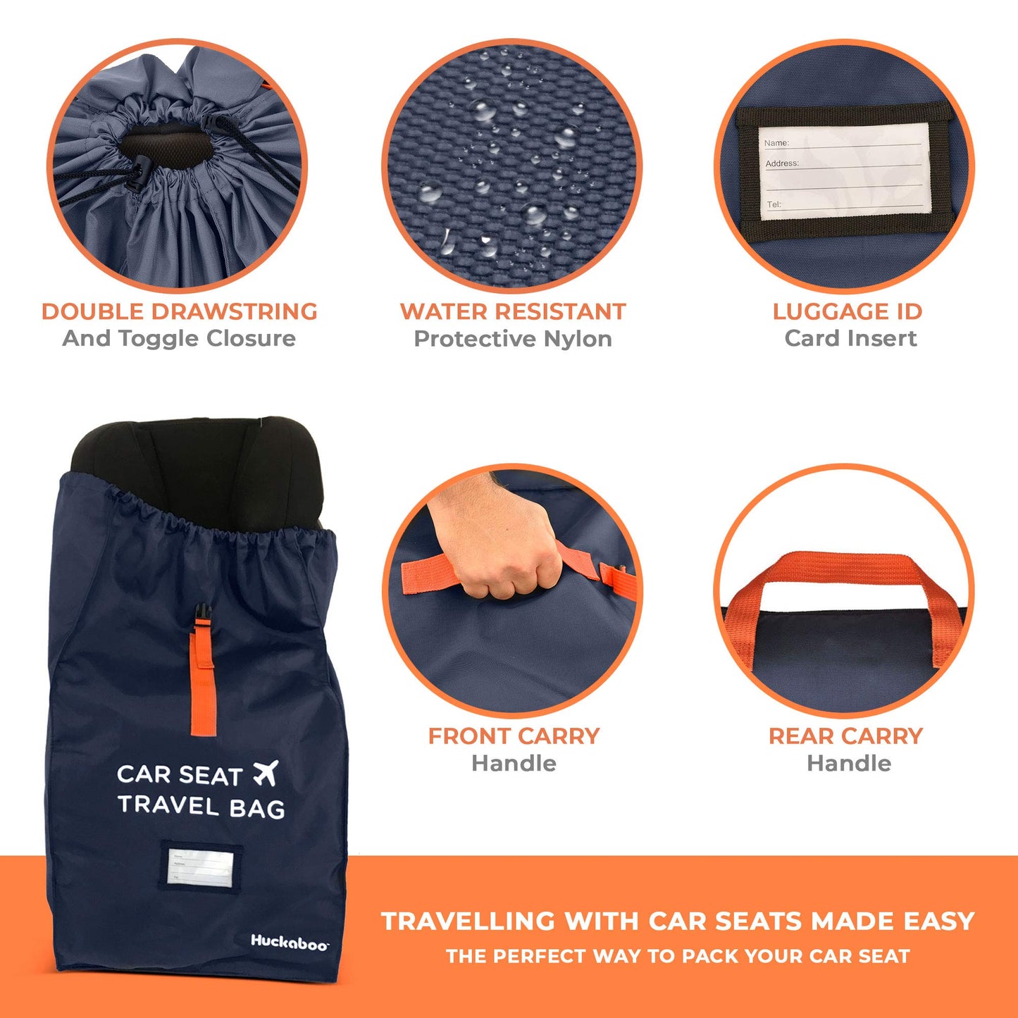 Huckaboo Car Seat Travel Bag - Strong Non Rip Nylon Car Seat Bag For Child Seats, Navy