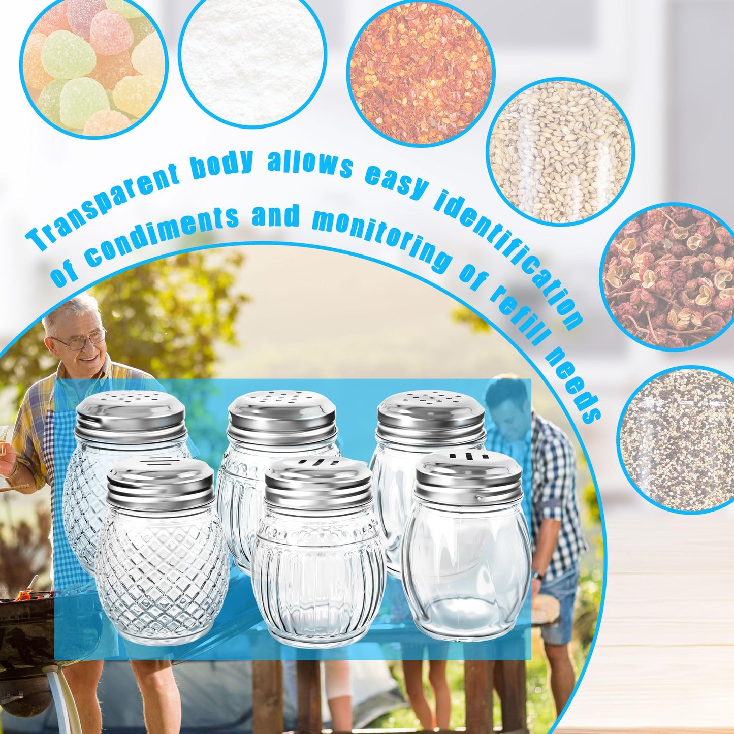 6 Pack 6 Ounces Glass Spices Shaker with Perforated Lid Salt Cheese and Pepper Shakers for Home Kitchen Restaurant Supplies, 2 Styles