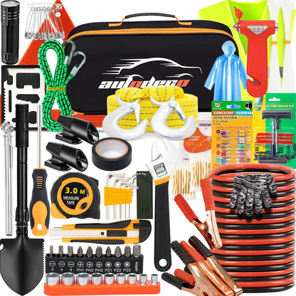 AUTODECO 82Pcs Car Roadside Emergency Kit with Jumper Cable - Automotive Safety Kit with Shovel