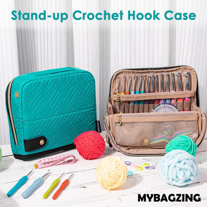 MYBAGZING Crochet Hook Case with 14 Size Crochet Hooks Set 2mm(B)-10mm(N) Ergonomic Crochet Hooks with Crochet Case Stand Up - Crochet Hook Organize for Crochet Lovers, Crochet Kit for Beginners