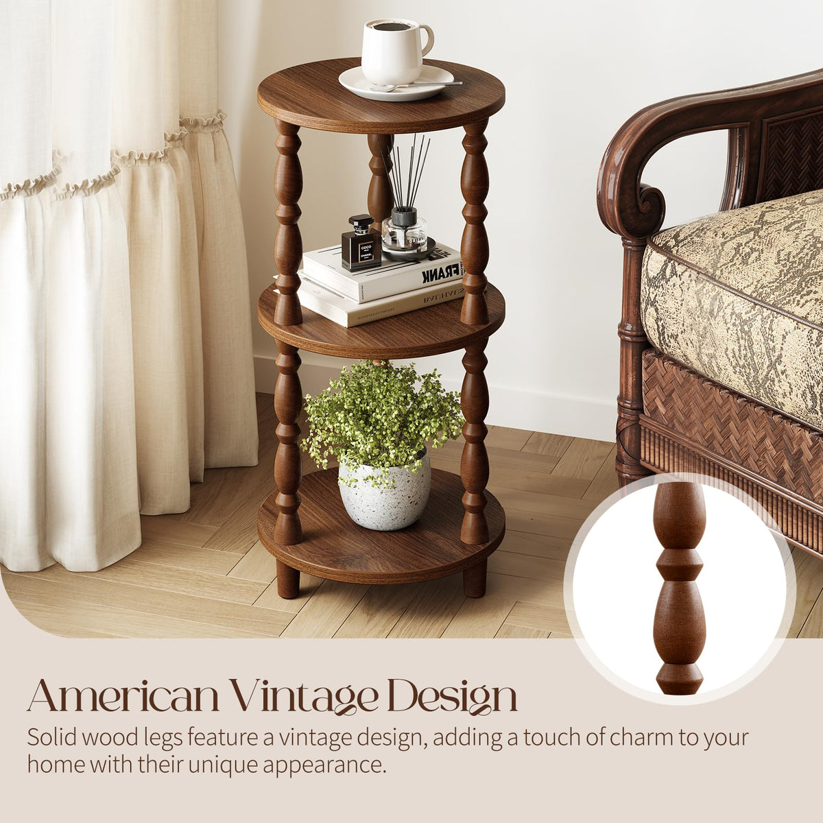 Yoobure Small Round Side Table - 3-Tier End Table with Storage Shelf, Narrow Bedside Table Nightstand for Bedroom, Accent End Tables Living Room, Wood Side Tables for Small Spaces, Office, Walnut