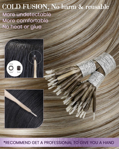 LaaVoo Nano Hair Extensions Real Human Hair Brown Nano Beads Hair Extensions Highlight Light Brown with Ashy Blonde Invisible Nano Ring Straight Remy Hair 50g 50s 14 Inch #p8/24