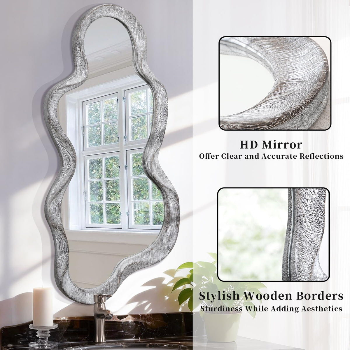 Lzuso Irregular Wooden Framed Wall Mirror Modern Asymmetrical Unique Hanging Mirror Artistic Unique Cloud Shape Wall Decor Bathroom Vanity Bedroom Living Room Entryway Hallway Large 47" x 22"