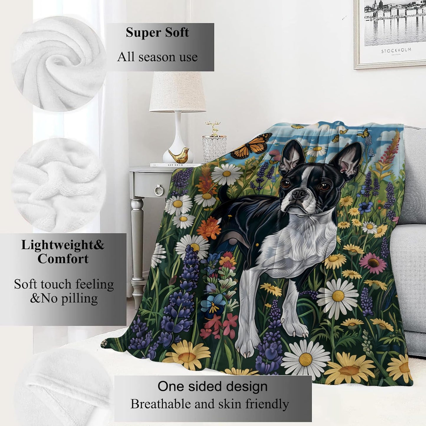 VODRM Boston Terrier Blanket Cute Dog Throw Blankets,Birthday Gifts for Kids Adult & Pet Lovers,Lightweight Soft Fleece with Wildflower and Butterfly,for Sofa Couch Bed Room Decor 50x60in