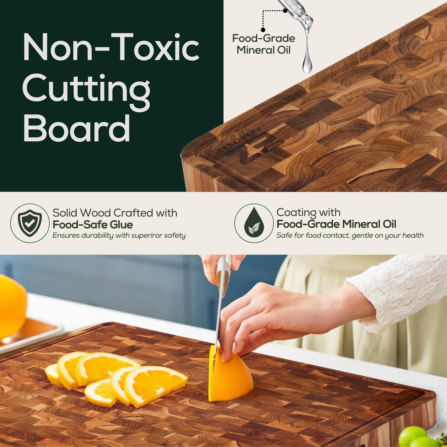 EZ FURNITURE Large (L) Acacia End Grain Cutting Board, Reversible, Knife-Friendly Charcuterie Butcher Block with Juice Groove & Handles, Non-Toxic, Gift Box Included (20" x 15" x 1.5")