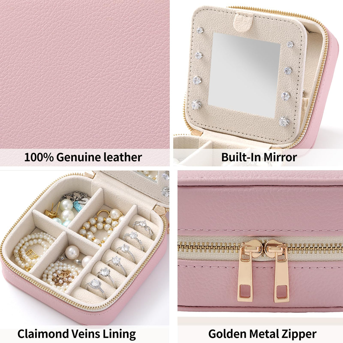 NGVRC Genuine Leather Travel Jewelry Organizer Case with Mirror for Women, Small Mini Portable Jewelry Box for Ring Earrings Necklace Bracelet Luxury Gift for Women（Black）