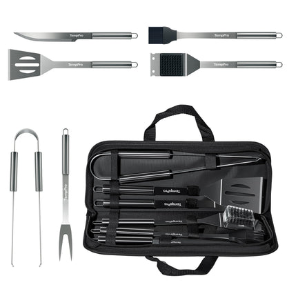 TempPro Grilling Accessories Grill Set with Spatula, Fork, Brush & Tongs, Heavy Duty Stainless Steel Grill Tools for Camping Burger, BBQ Accessories for Men Dad Him (Previously ThermoPro)