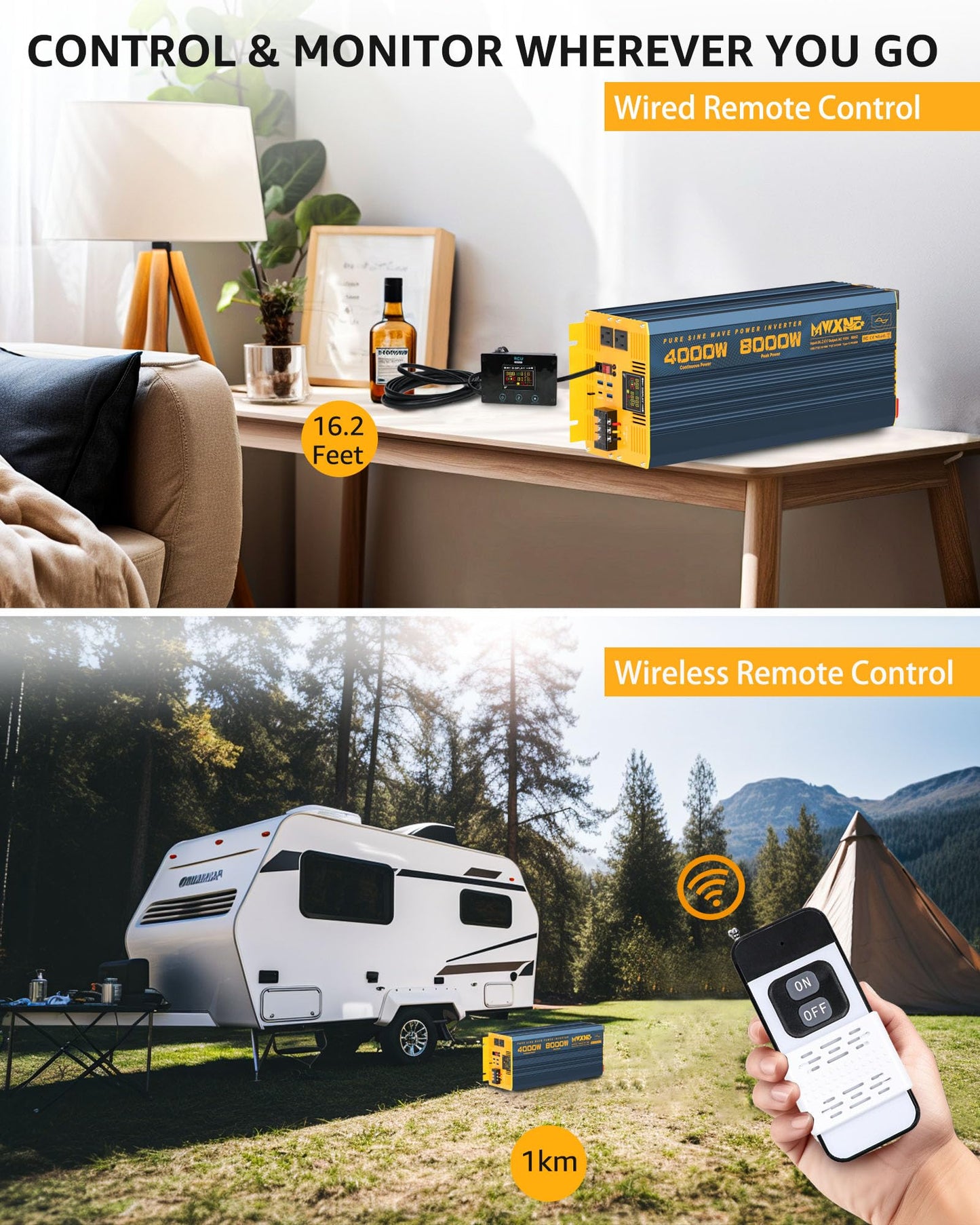 MWXNE 4000W Pure Sine Wave Power Inverter DC 48V to AC 110V 120V for Home RV with Dual AC Outlets 1 USB-C(60W) 3 USB-QC3.0 Fast Car Charger Adapter, LCD Display and Remote Control