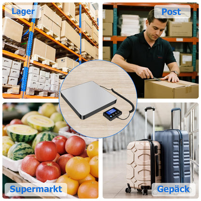 KUAIVO Parcel Scale, High Precision Platform Scales 200 kg/10 g with LCD/Hold/Tare Function, Stainless Steel Postal Scales for Packages, Luggage, Warehouse, Business and Home Use, Rechargeable