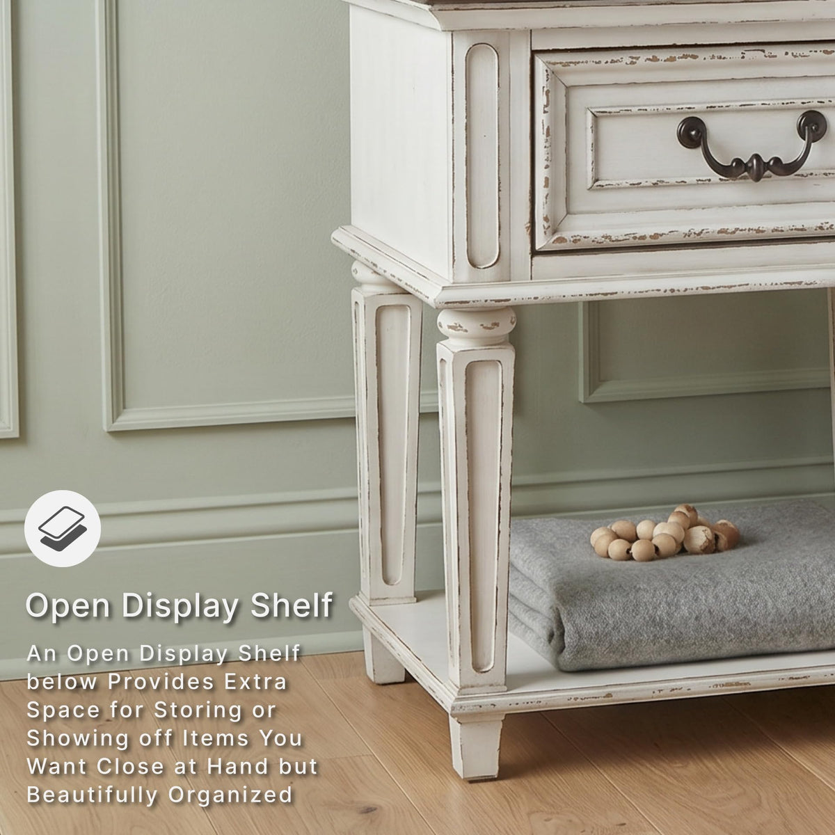 Signature Design by Ashley Realyn Traditional Cottage 1 Drawer Nightstand with Dovetail Construction & Open Display Shelf, Chipped White, 27" Tall, Distressed Brown