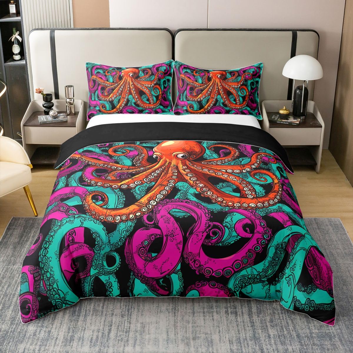 Erosebridal Octopus 100% Cotton Duvet Cover Twin Size Sea Life Bedding Set Ocean Animal Comforter Cover for Kids Teens Adult Reptile Bedspread Cover Underwater World Oasis Quilt Cover, Red