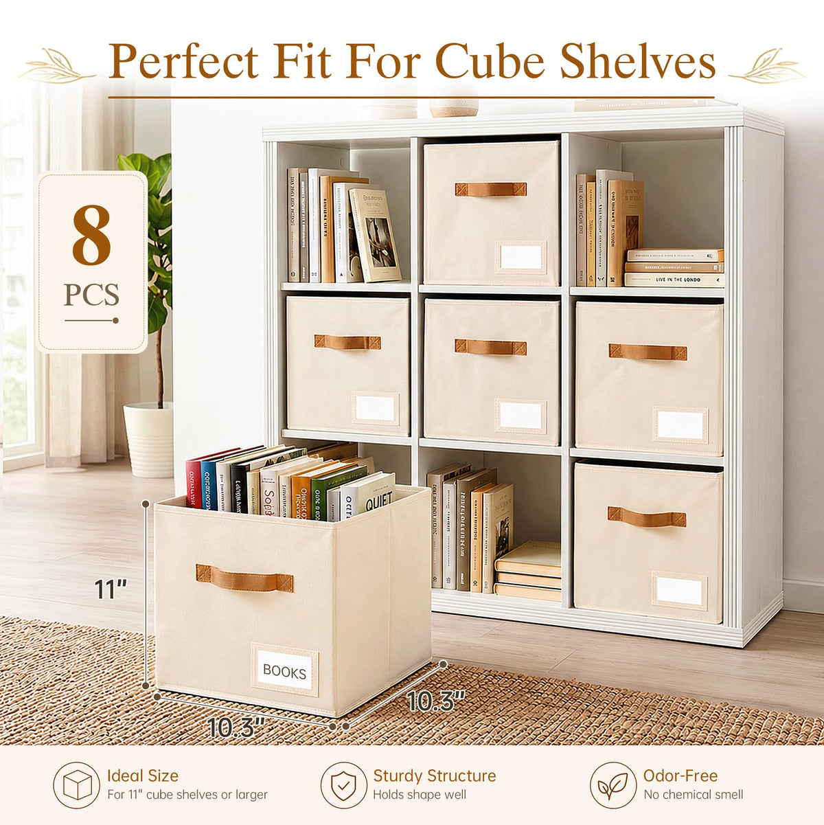 Stowsia Storage Cubes 8 Pack, 11 Inch Fabric Storage Cubes Organizer Bins with Labels, Odor-Free & Sturdy PP Structure, Cubby Baskets for Closet, Shelves, Toys & Nursery (Beige)