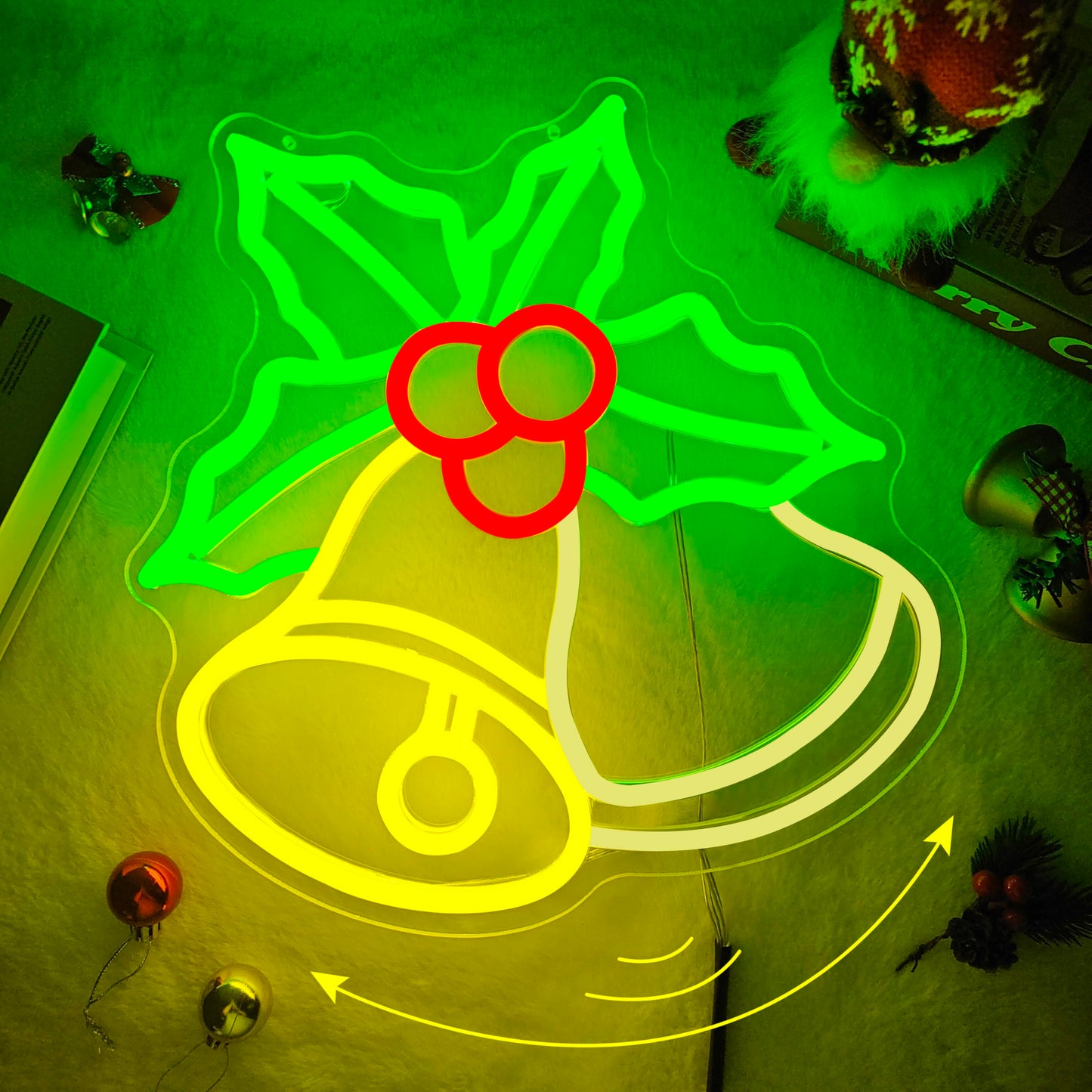 hhuohuona Christmas Bells Neon Signs for Wall Decor Dimmable Neon Christmas Sign Flashing Bell with Holly Led Sign Xmas Light Up Sign Led Window Lights for Home Party