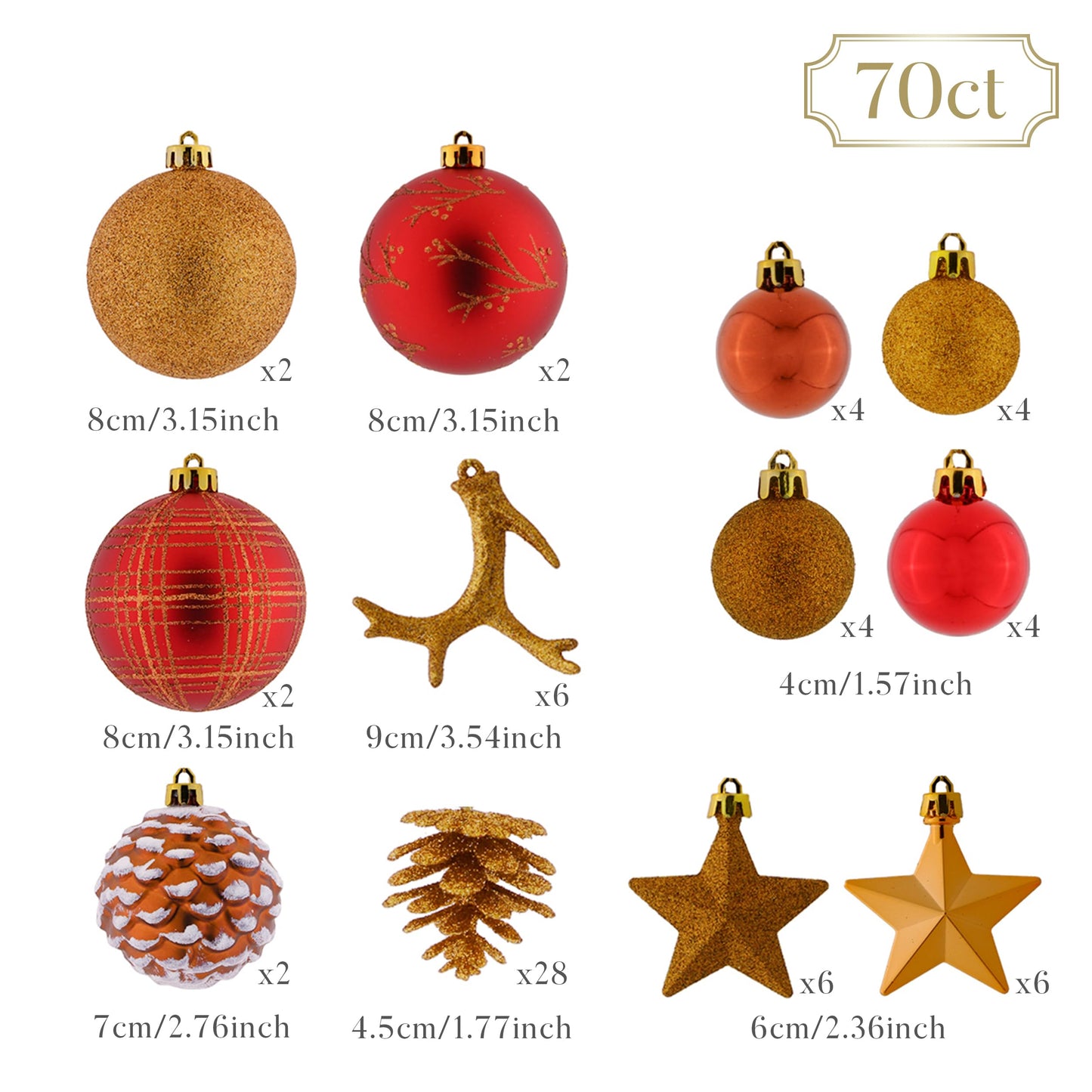 Valery Madelyn Christmas Ornaments Set, 70ct Red and Brown Shatterproof Christmas Tree Decorations, Woodland Hanging Ball Ornaments Bulk for Xmas Holiday Decor
