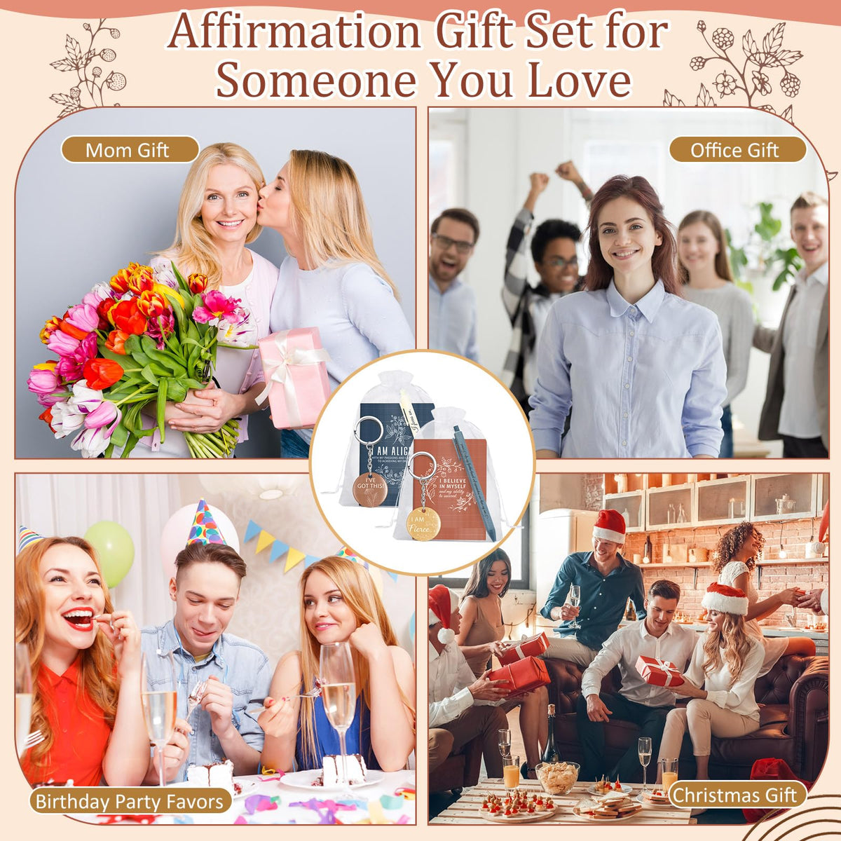 Mooliwe 24 Set Positive Affirmation Gift Set Gratitude Notebooks with Pens Acrylic Keychains Small Bags Motivational Notepads for Women Coworkers Christmas Adults Party Favors (Vibrant)