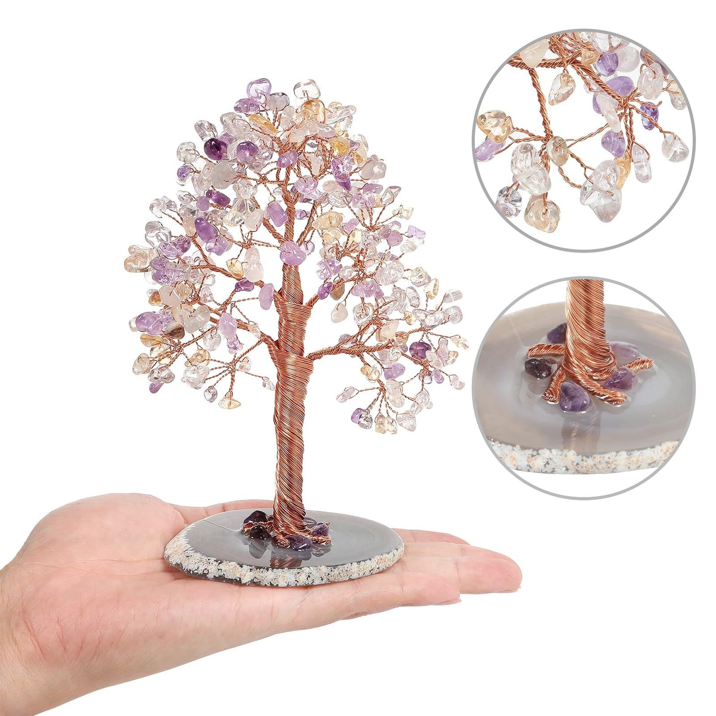 dssmboom Healing Crystal Money Tree with Natural Agate Slice Base for Chakra Balancing, Decorative Feng Shui Stone Bonsai Crystal Tree for Wealth and Good Luck, Amethyst & Citrine