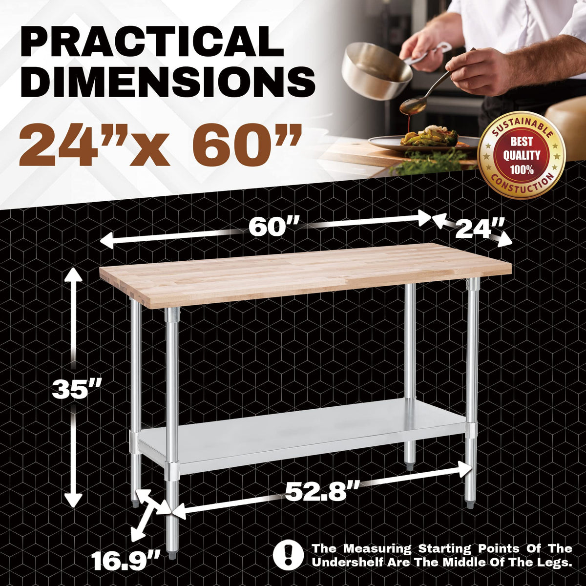 DuraSteel US Maple Top Work Table - 24 x 60 x 35 Inch Commercial Butcher Block Wooden Workbench with Adjustable Lower Shelf - Fits Restaurant, Warehouse, Home, Kitchen, Garage