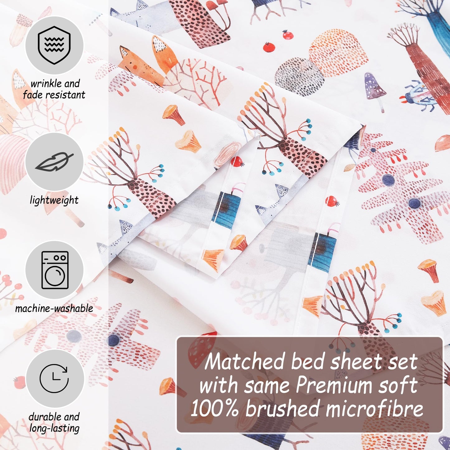 Softan Kids Bed Sheet Set, 3-Piece Twin Sheets Set, Microfiber Fitted Sheet with 15 Inches Deep Pocket and Corner Straps, Breathable & Silky Soft Watercolor Fox Bear Pattern Sheet and Pillowcase Sets