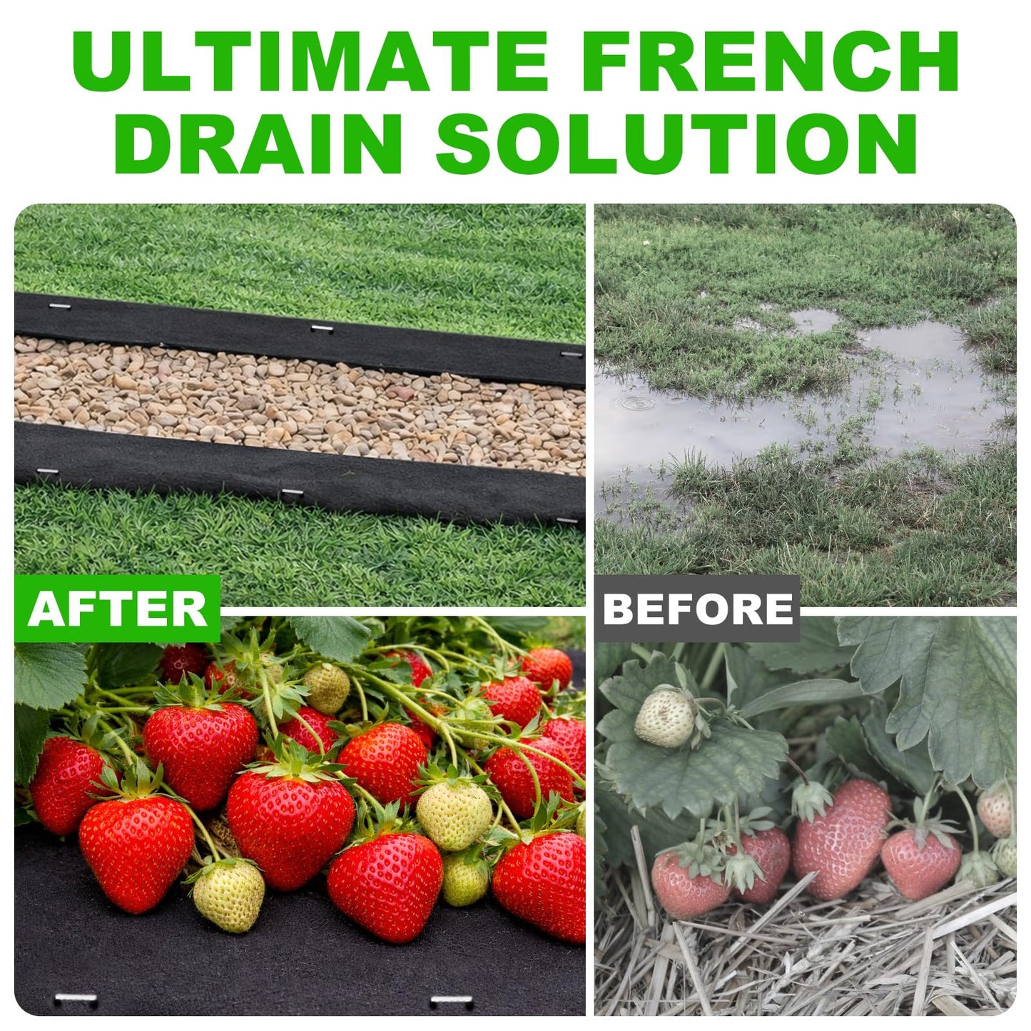 9oz Non Woven Geotextile Fabric with Stakes for French Drains, 4x60FT High Permeability Drainage Fabric Heavy Duty Landscape Fabric for Gravel Grid, Garden, Flower Beds, Weed Control, Erosion Control