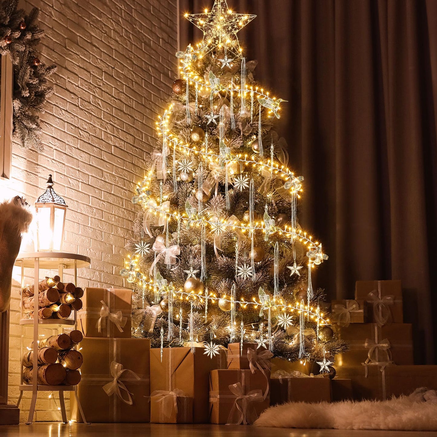 Mudder 49 ft Christmas Tree Ring Lights with Clear Ornaments Acrylic Hummingbird Snowflake Star Icicle and Iron Wire 300 LED Crystal Garland Fairy Lights for Indoor Xmas Tree Winter Party Decor