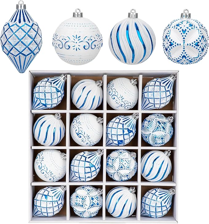 16PCS Shatterproof Christmas Ball Ornaments Set, Hand-Painted Holiday Decor with Assorted Sizes & Designs for Christmas Tree Thanksgiving Party Decoration, Blue-White