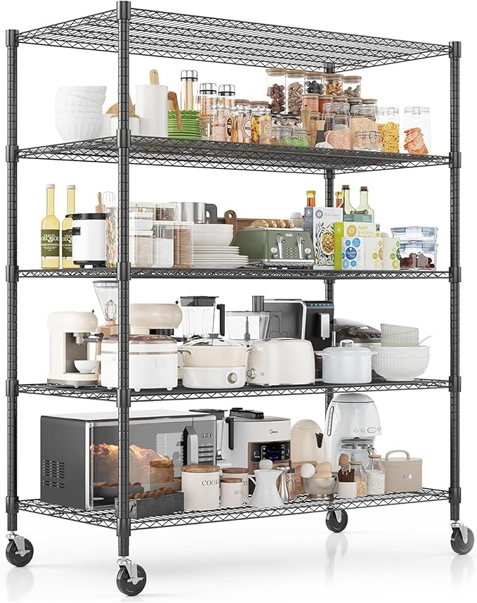 Xcity Storage Shelves, 5 Tier Heavy Duty Metal Shelving Unit with Wheels, 3000 LBS Capacity Adjustable Steel Wire Shelf Organizer for Pantry, Kitchen, Garage, 24" D x 55" W x 72" H, Black