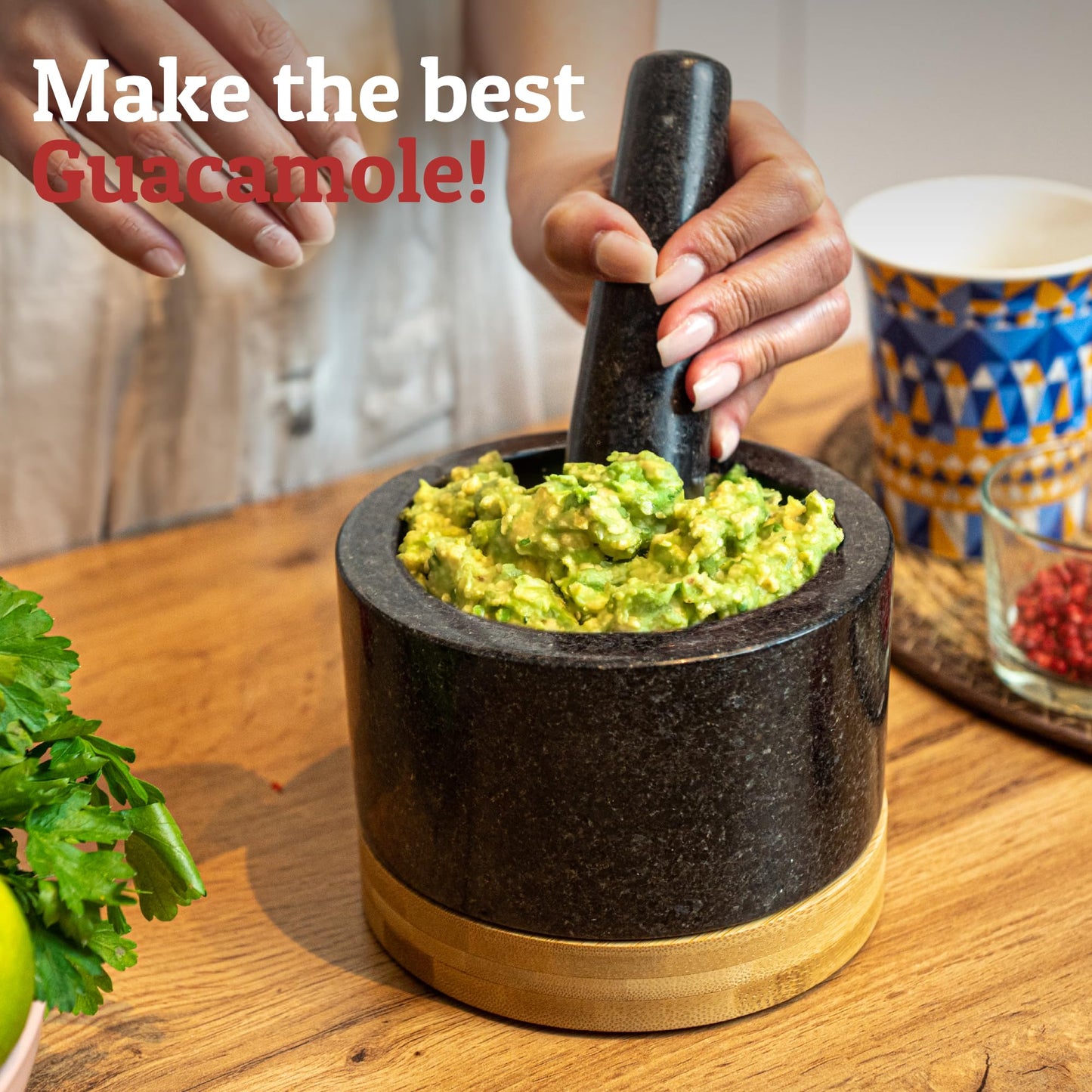 PriorityChef Heavy Duty Mortar and Pestle Set with Bamboo Base, 100% Natural Granite Stone Grinder, Guacamole Bowl and Masher, 2 Cups, Black