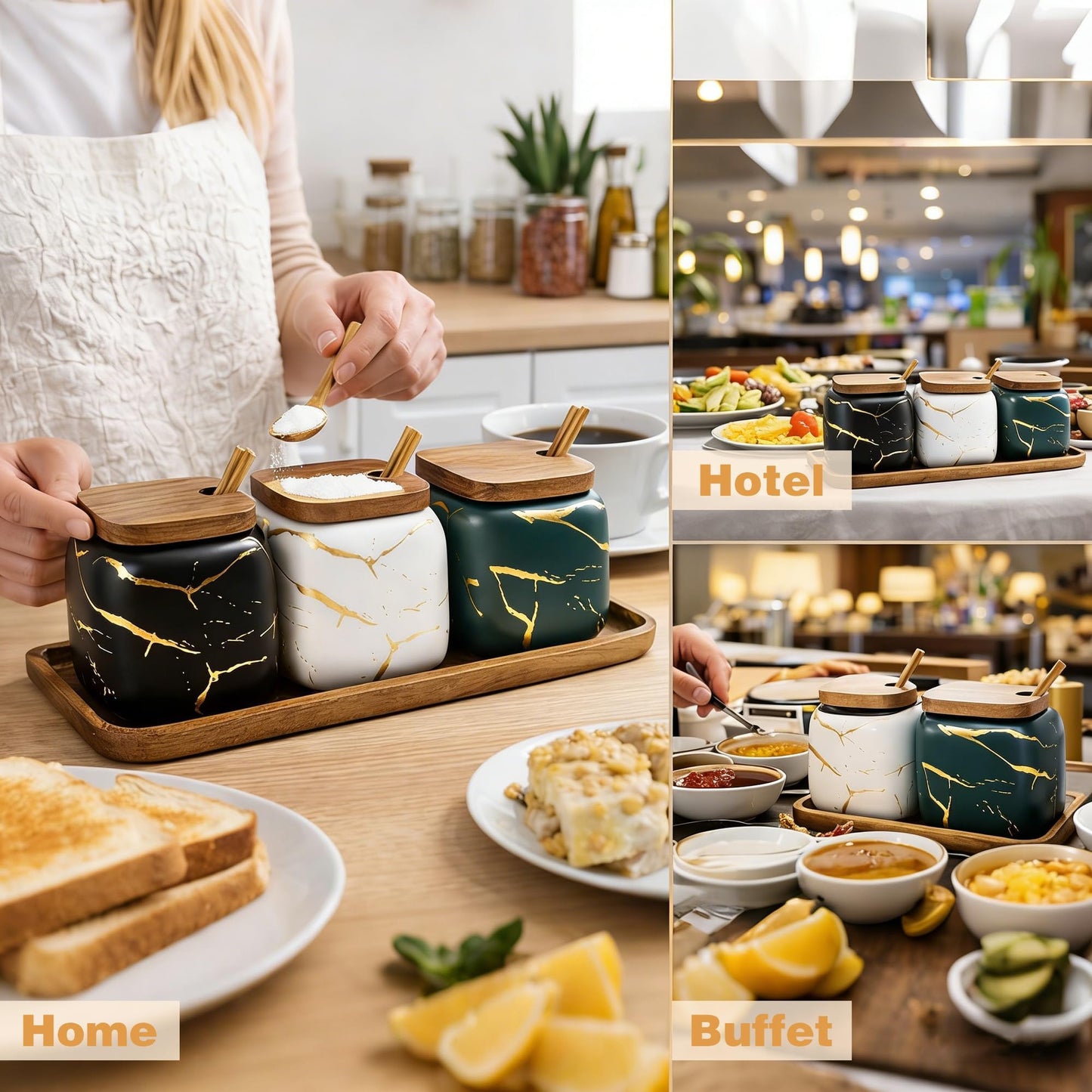JFFLYIT 3 Pcs Sugar Bowls Ceramic Coffee Jar Set Ceramic Seasoning Jar with Lid Spoon and Tray/Food Storage Canister (Color Mixing)