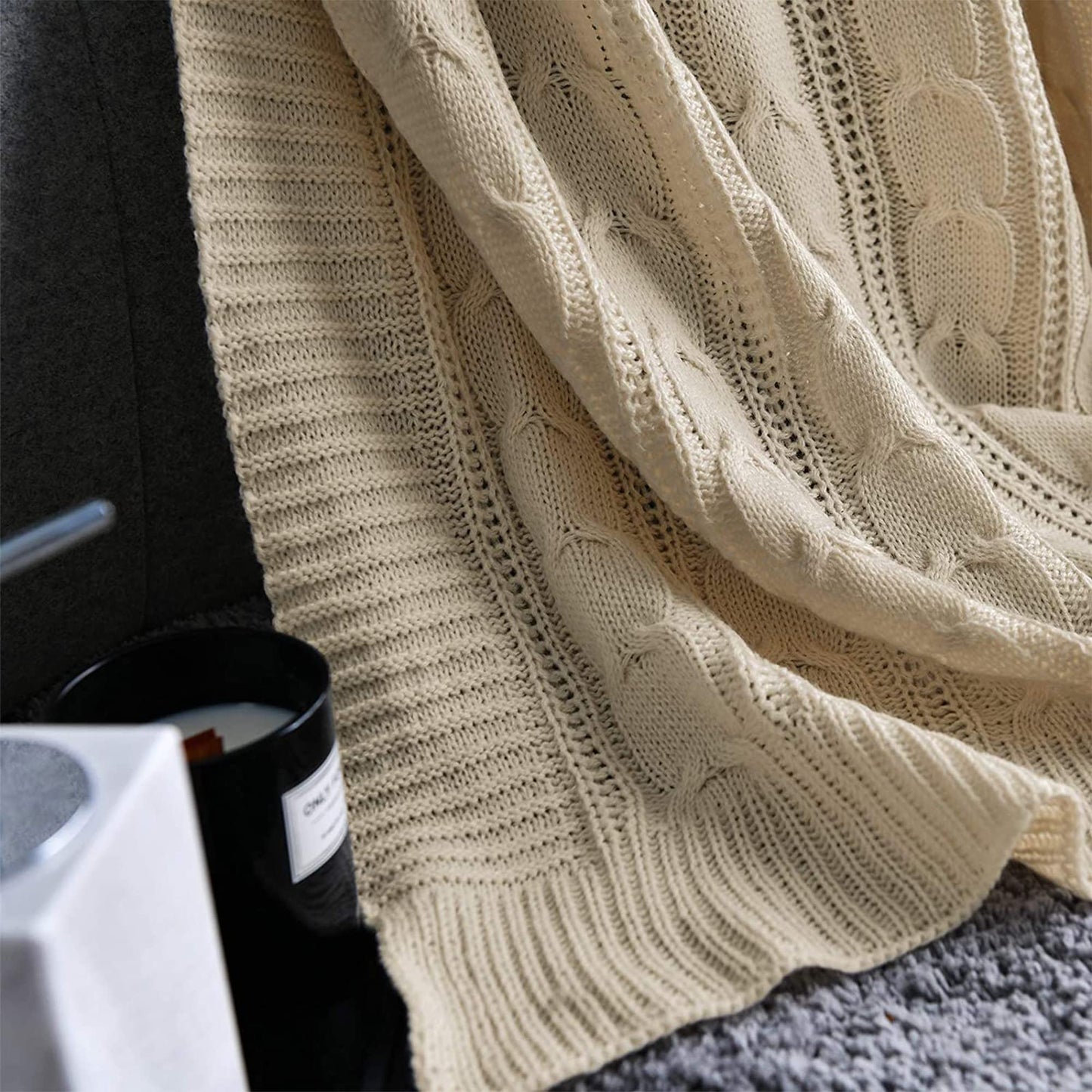 jinchan Cable Knit Throw Blanket for Couch Lightweight Soft Cozy Twin Size Throw Blanket Taupe Decorative Throws for Modern Farmhouse Living Room Bedroom 60"x80" Accent Throw for Gifts