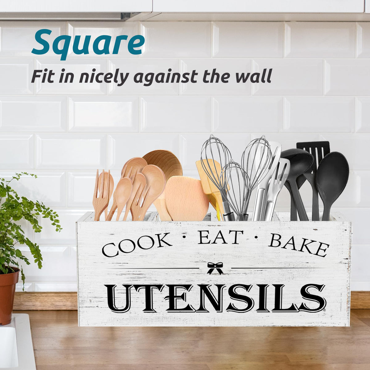 Suli Extra Large Kitchen Utensils Holder with 4 Compartments, Wooden Utensil Organizer for Kitchen Countertop, Farmhouse Decor, Rustic Cooking Utensil - White grain