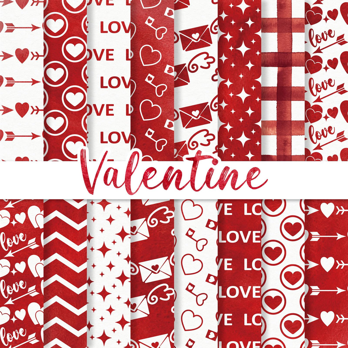 JarThenaAMCS 32 Sheets Valentine Pattern Paper Red White Love Heart Arrow Scrapbook Specialty Paper Double Sided Decorative Art Paper for DIY Crafts Supplies, 6 x 6 Inch