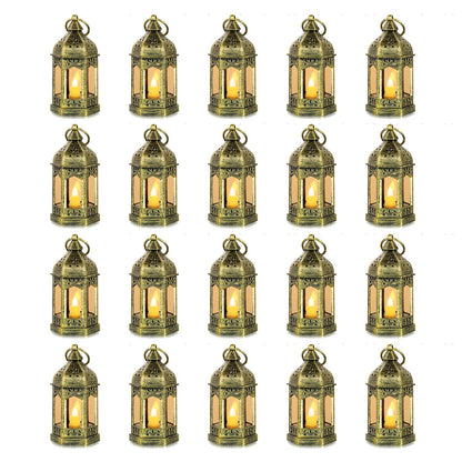 Mini Lanterns Decorative for Wedding Centerpiece - 20 Pcs Romadedi Hanging Small Gold Lantern Bulk with Flickering LED Candles for Halloween Decorations, Christmas Table Decor, Batteries Included
