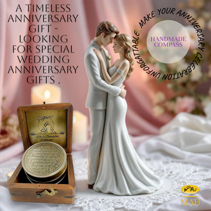 Anniversary Brass Sundial Compass Gift for Him or Her – Keepsake for Husband, Wife or Couple – 50th 40th 25th 20th 1st Year Wedding or Love Celebration – Engraved or Embossed Romantic Quote Compass